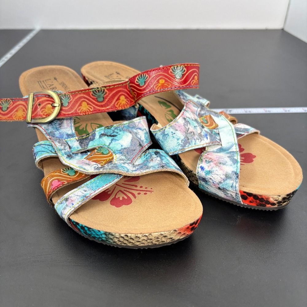 Spring Step L'Artiste Womens Wedge Sandals 38 (7.5) Baocire Leather Hand Painted